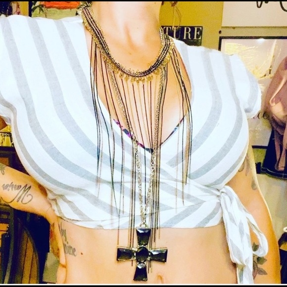 SOLD Gray Large Lucite Cross Statement Necklace - Picture 4 of 8